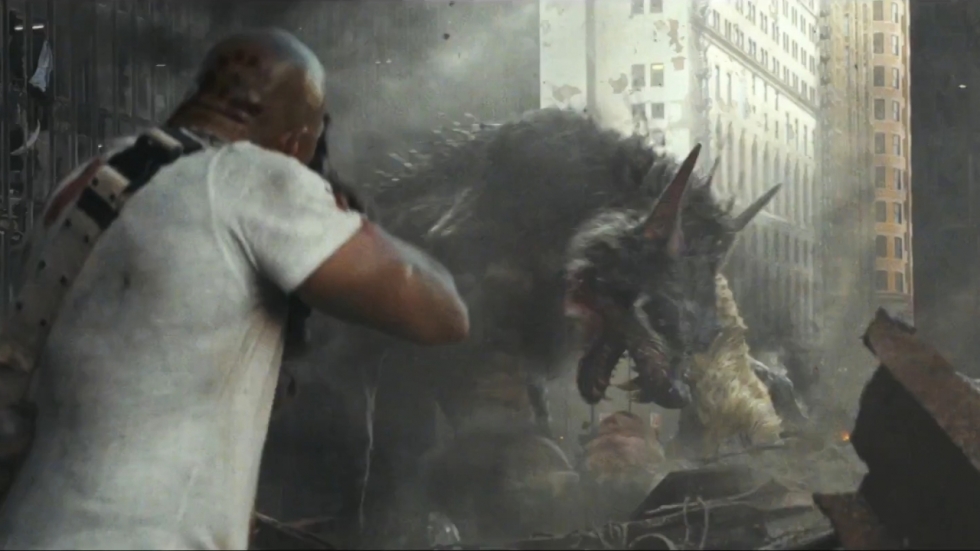 Vliegende wolf in trailer Dwayne Johnson-vehikel 'Rampage'